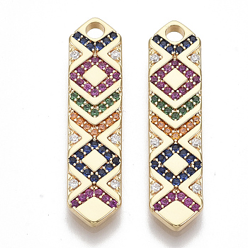 Brass Micro Pave Cubic Zirconia Pendants, Real 18K Gold Plated, Nickel Free, Geometry, Colorful, 30.5x7x2mm, Hole: 2mm