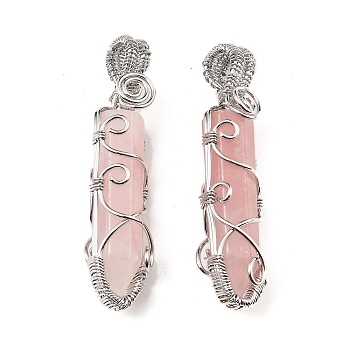 Natural Rose Quartz Pendants, with Platinum Tone Rack Plating Brass Wire Wrap, Lead Free & Cadmium Free, Cone, 61x15.5x14mm, Hole: 4mm