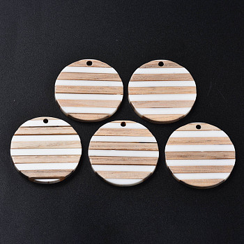 Stripe Resin & Wood Pendants, FLat Round, White, 30x3mm, Hole: 2mm