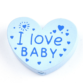 Natural Wood Beads, Dyed, Heart with Word I Love Baby, For Valentine's Day, Light Blue, 23x29x7mm, Hole: 2.5mm
