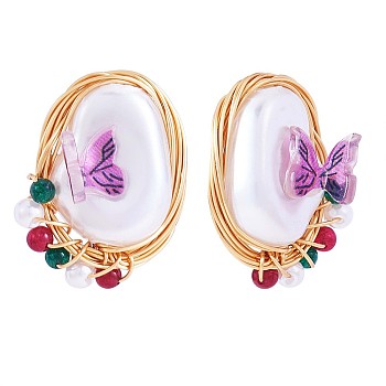 Shell Pearl with Acrylic Butterfly Stud Earrings, Golden Brass Wire Wrap Jewelry for Women, Colorful, 19x17mm, Pin: 0.7mm