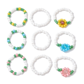 3Pcs 3 Style Glass Seed Beaded Stretch Rings, Flower Stackable Finger Rings, Mixed Color, Inner Diameter: 17.8~18mm, 1Pc/style