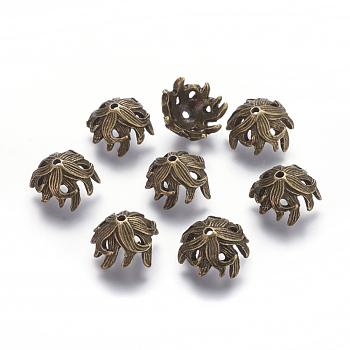 Tibetan Style Bead Caps, Lead Free and Nickel Free, Flower, Antique Bronze, 10x15x15mm, Hole: 2mm