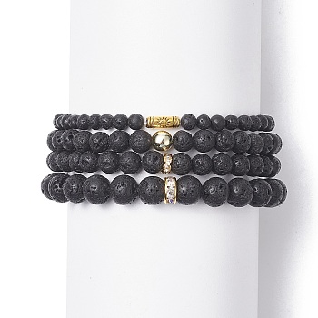 4Pcs 4 Style Column & Round & Flat Round Alloy & Natural Lava Rock & Synthetic Hematite Beaded Stretch Bracelets Set for Women, Inner Diameter: 2~2-1/8 inch(5.2~5.5cm), 1Pc/style