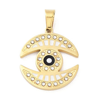 304 Stainless Steel Charms, with Rhinestone and Enamel, Real 18K Gold Plated, Evil Eye Charm, Black, 25x22x2mm, Hole: 6.5x4.5mm