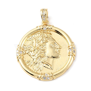 Real 18K Gold Plated Clear Flat Round Brass+Cubic Zirconia Pendants