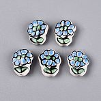 Handmade Porcelain Ceramic Beads, Hand Painted, Flower, Famille Rose Style, Sky Blue, 15~17x13~14x6~7mm, Hole: 1.8~2mm(PORC-Q005-08D)