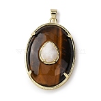 Natural Tiger Eye & White Moonstone Pendants, Oval Charms, Rack Plating, Golden, 38x26x11mm, Hole: 5x3.5mm(G-B186-02G)