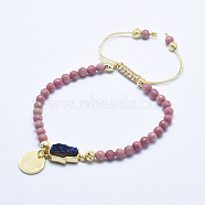 Natural Rhodochrosite Braided Bead Bracelets, with Electroplated Natural Lava Rock Beads, Druzy Crystal, Nylon Cord and Brass Findings, Flat Round & Hamsa Hand/Hand of Fatima /Hand of Miriam, 2-1/8 inch(5.3cm)~3-1/8 inch(8cm)(BJEW-I258-E02)
