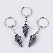 Natural Snowflake Obsidian Keychain, with Iron Key Rings, Platinum, 78mm, Pendant: 32x14mm(KEYC-P041-A010)