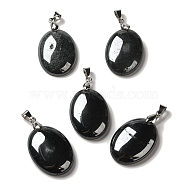 Natural Black Stone Pendants, Oval Charms with Rack Plating Platinum Plated Brass Snap on Bails, 30x21.5~22x6~6.5mm, Hole: 6x4mm(G-Z055-03P-15)