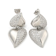 Heart Brass Pave Clear Cubic Zirconia Stud Earrings, Platinum, 30x15.5mm(EJEW-M258-81P)