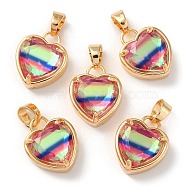 K9 Glass Pendants, with Golden Tone Brass Findings, Faceted, Heart Charms, Colorful, 18x15x7.7mm, Hole: 5x3mm(FIND-C036-01G-05)