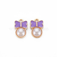 Alloy Enamel Charms, with ABS Plastic Imitation Pearl, Bowknot, Light Gold, Dark Orchid, 15x10x4mm, Hole: 1.2mm(ENAM-S121-058D-NR)
