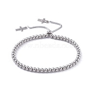 Adjustable 304 Stainless Steel Slider Bracelets, Bolo Bracelets, Cross, Stainless Steel Color, 9-1/8 inch(23.2cm)(BJEW-JB04544)