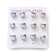 6 Pair 2 Color Heart Cubic Zirconia Stud Earrings, Golden & Stainless Steel Color 304 Stainless Steel Earrings, Clear, 9x9mm, 3 Pair/color(EJEW-A024-15A)