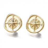 Brass Stud Earring Findings, with Loop, Real 18K Gold Plated, Compass, 12.5x13mm, Hole: 2mm, Pin: 0.8mm(X-KK-T038-464G)