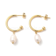 Natural Pearl Dangle Stud Earrings, Ion Plating(IP)304 Stainless Steel Half Hoop Earrings for Women, Golden, 36mm, Pin: 0.8mm(STAS-H175-20G)