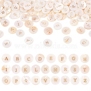 Pandahall Freshwater Shell Charms, Flat Round with Gold Blocking Letter, Letter A~Z, 11.5x2mm, Hole: 1.5mm, 104pcs/box(SSHEL-TA0001-05)