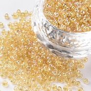 (Repacking Service Available) Round Glass Seed Beads, Transparent Colours Rainbow, Round, Pale Goldenrod, 12/0, 2mm, about 12g/bag(SEED-C016-2mm-162)