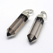 Natural Smoky Quartz Pointed Pendants, with Brass Findings, Dyed & Heated, Long-Lasting Plated, Bullet, Silver, 28.5~29x6.5mm, Hole: 3.5x6mm(G-G720-11P)