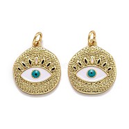 5Pcs Brass Enamel Pendants, with Jump Ring, Long-Lasting Plated, Real 18K Gold Plated, Flat Round with Evil Eye, Seashell Color, 19x16x2mm, Hole: 3.6mm(KK-SZ0004-29)