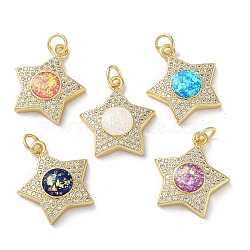 Brass Micro Pave Clear Cubic Zirconia Pendants, with Enamel, Shell and Jump Ring, Real 18K Gold Plated, Flat Round with Cross, Mixed Color, 19x17x4.5mm, Hole: 3.6mm(KK-C045-23G)