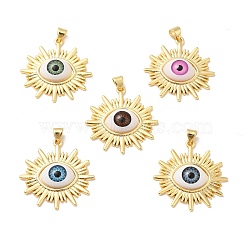 Evil Eye Resin Brass Pendants, Sun Charm, Real 18K Gold Plated, Mixed Color, 29.5x29x6mm, Hole: 5x3mm(RESI-E026-02G-M)