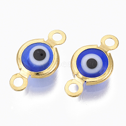 Handmade Evil Eye Lampwork Links connectors, with 304 Stainless Steel Findings, Flat Round, Golden, Blue, 12.5x7x2.5mm, Hole: 1.5mm(STAS-T041-02G-02)