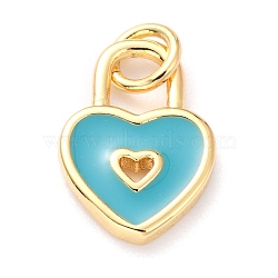 Brass Enamel Pendants, Cadmium Free & Lead Free, Long-Lasting Plated, Heart Lock, Real 18K Gold Plated, Deep Sky Blue, 13x9x1.5mm, Hole: 4.5mm(KK-M218-11A-RS)