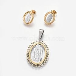 304 Stainless Steel Jewelry Sets, Pendants and Stud Earrings, Oval with Goddess, Golden & Stainless Steel Color, 35x24x2mm, hole: 5x9.5mm, 15.5x12mm, Pin: 0.8mm(SJEW-E322-06GP)