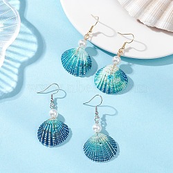 2 Pairs Dyed Natural Shell Dangle Earrings, Shell Shape, with Eco-Friendly Copper Wire & ABS Plastic Imitation Pearl & 304 Stainless Steel Earring Findings, Golden & Stainless Steel Color, 55~56x26.8~28mm(EJEW-JE06857)