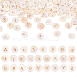 Pandahall Freshwater Shell Charms, Flat Round with Gold Blocking Letter, Letter A~Z, 11.5x2mm, Hole: 1.5mm, 104pcs/box(SSHEL-TA0001-05)