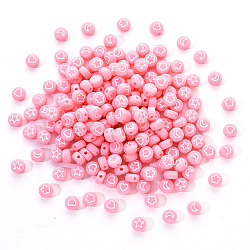 Opaque Acrylic Beads, Flat Round with White Heart & Flower & Moon & Star, Pink, 7x4mm, Hole: 1.6mm, 200pcs/set(MACR-YW0001-18E)