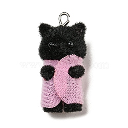 Flocking Opaque Resin Pendants, Cat in Pink Clothes Charms with Platinum Tone Iron Loops, Black, 35x16.5x16mm, Hole: 2mm(RESI-G098-01G)