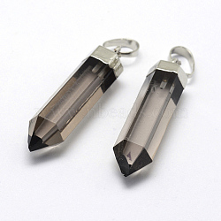 Natural Smoky Quartz Pointed Pendants, with Brass Findings, Dyed & Heated, Long-Lasting Plated, Bullet, Silver, 28.5~29x6.5mm, Hole: 3.5x6mm(G-G720-11P)