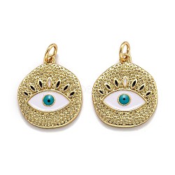 5Pcs Brass Enamel Pendants, with Jump Ring, Long-Lasting Plated, Real 18K Gold Plated, Flat Round with Evil Eye, Seashell Color, 19x16x2mm, Hole: 3.6mm(KK-SZ0004-29)