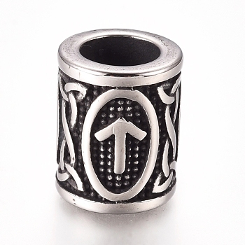 304 Stainless Steel European Beads, Large Hole Beads, Column with Runes/Futhark/Futhor, Antique Silver, 13.5x10mm, Hole: 6mm