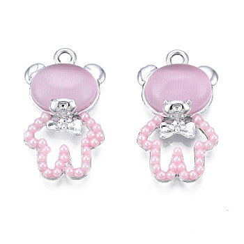 UV Plating Alloy Pendants, with Cat Eye and ABS Plastic Imitation Pearl, Platinum, Cadmium Free & Lead Free, Bear, Pearl Pink, 23x12.5x4.5mm, Hole: 1.8mm