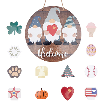 Printed Wooden Big Pendants, Wood Home Welcome Hanging Decorations with Rope, Replaceable Pattern, Round, Colorful, 28.5x0.96cm