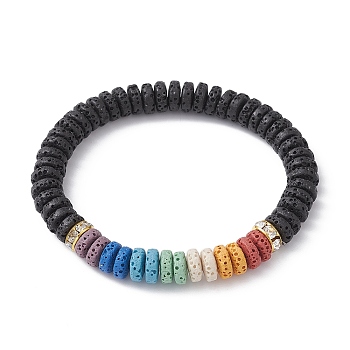 Dyed Natural Lava Rock Disc Beaded Stretch Bracelets for Women, Colorful, Inner Diameter: 2-1/8 inch(5.3cm)