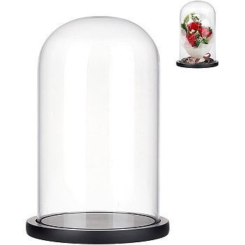 Glass Dome Cover, Decorative Display Case, Cloche Bell Jar Terrarium with Wood Base, for DIY Preserved Flower Gift, Black, 150x255mm