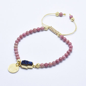 Natural Rhodochrosite Braided Bead Bracelets, with Electroplated Natural Lava Rock Beads, Druzy Crystal, Nylon Cord and Brass Findings, Flat Round & Hamsa Hand/Hand of Fatima /Hand of Miriam, 2-1/8 inch(5.3cm)~3-1/8 inch(8cm)