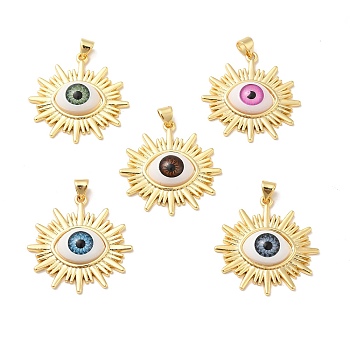 Evil Eye Resin Brass Pendants, Sun Charm, Real 18K Gold Plated, Mixed Color, 29.5x29x6mm, Hole: 5x3mm
