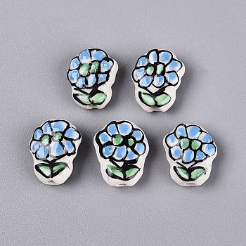Handmade Porcelain Ceramic Beads, Hand Painted, Flower, Famille Rose Style, Sky Blue, 15~17x13~14x6~7mm, Hole: 1.8~2mm