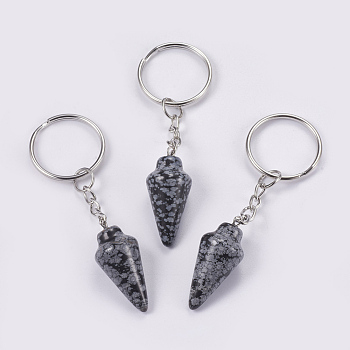 Natural Snowflake Obsidian Keychain, with Iron Key Rings, Platinum, 78mm, Pendant: 32x14mm