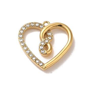 304 Stainless Steel Pendants, with Crystal Rhinestone, Heart with Number 8 Charm, Real 14K Gold Plated, 25x26x4.5mm, Hole: 1.8mm