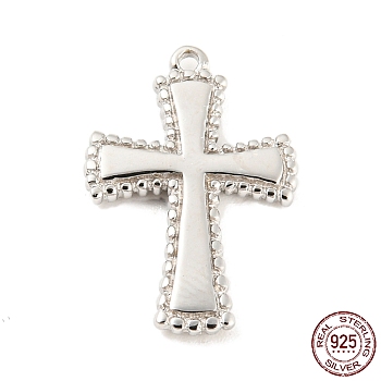 Rhodium Plated 925 Sterling Silver Pendants, Cross Charms, with S925 Stamp, Real Platinum Plated, 18x12.5x2mm, Hole: 1mm