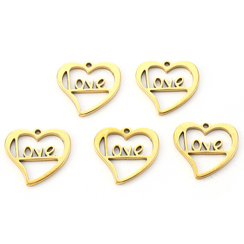 Vacuum Plating 304 Stainless Steel Charms, Laser Cut, Heart with Word Love, for Valentine's Day, Golden, 15x15x1mm, Hole: 1.4mm