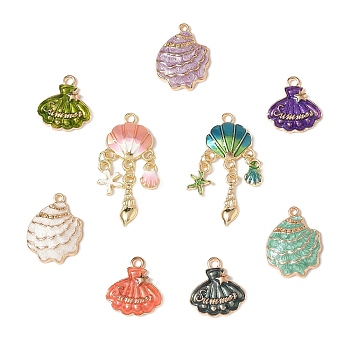 16Pcs 9 Styles Alloy Enamel Pendants, Cadmium Free & Nickel Free & Lead Free, Light Gold, Shell Shape Charms, Mixed Color, 17.5~35.5x15~16.5x3~3.5mm, Hole: 1.6~2mm